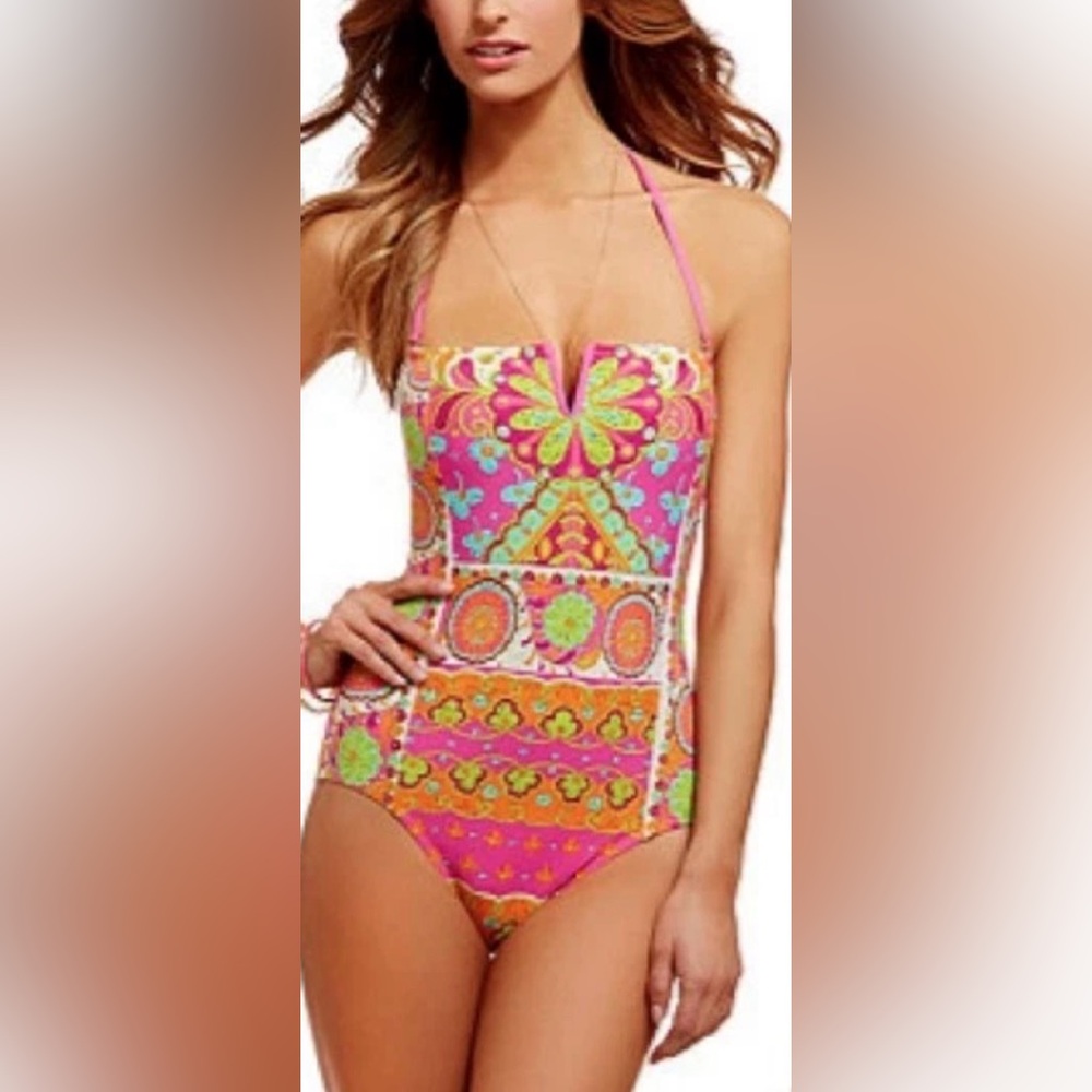 Trina Turk Woodblock Pinkberry Bandeau One Piece Bathing Suit Swimsuit Size 6